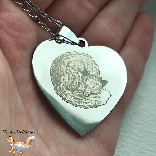 Collier Cœur Gravé Renard Endormi - Illustration dessin Originale Gravure bijou