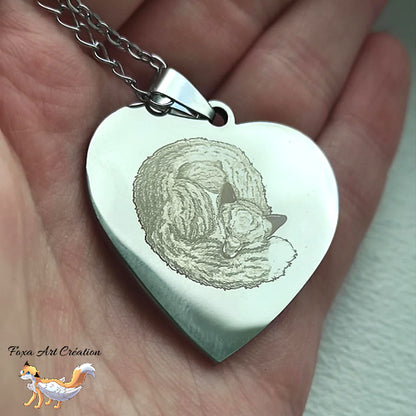 Collier Cœur Gravé Renard Endormi - Illustration dessin Originale Gravure bijou