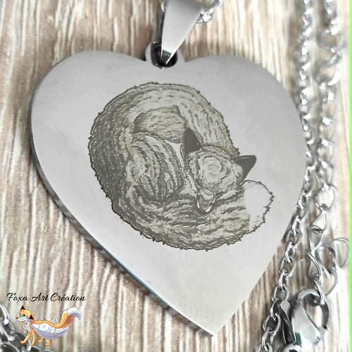Collier Cœur Gravé Renard Endormi - Illustration dessin Originale Gravure bijou