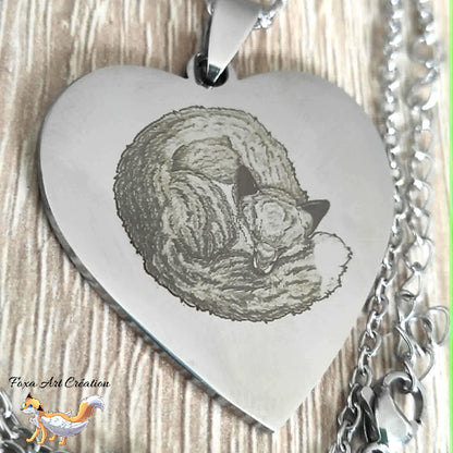 Collier Cœur Gravé Renard Endormi - Illustration dessin Originale Gravure bijou