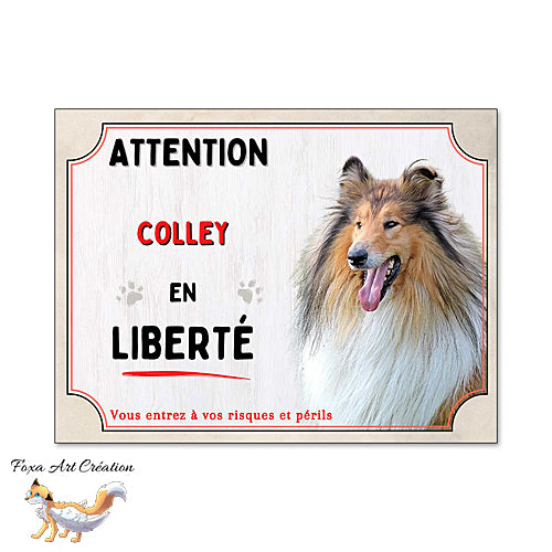 Plaque Attention Colley (fauve) en liberté panneau chien