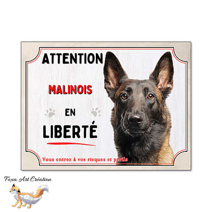 Plaque chien Attention Malinois en liberté panneau