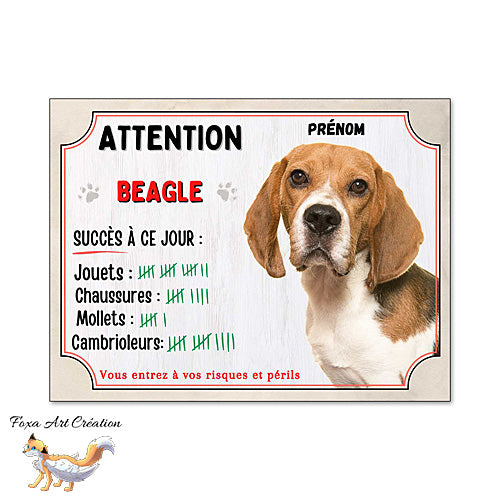 Plaque humour  Attention Chien Beagle compte ses trophées à ce jour
