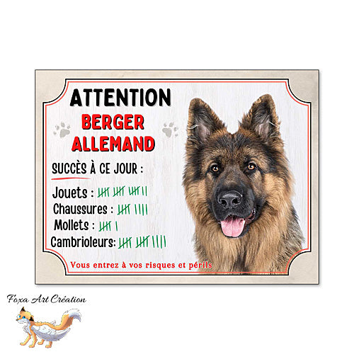 Plaque humour Attention Chien Berger Allemand compte ses trophées à ce jour