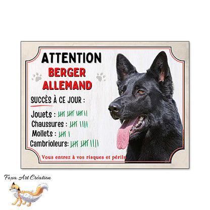 Plaque humour Attention Chien Berger Allemand noir compte ses trophées à ce jour