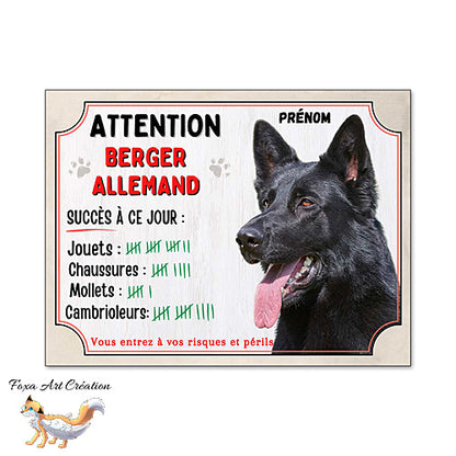 Plaque humour Attention Chien Berger Allemand noir compte ses trophées à ce jour