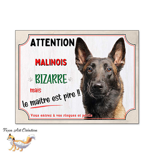 Plaque humour chien Attention Malinois bizarre panneau