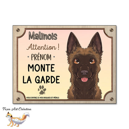 Plaque Attention au chien race Berger Belge Malinois monte la garde, Illustration