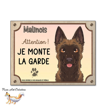 Plaque Attention au chien race Berger Belge Malinois monte la garde, Illustration