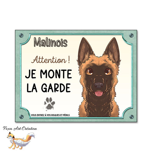 Plaque Attention au chien race Berger Belge Malinois monte la garde, Illustration