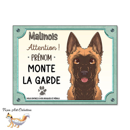 Plaque Attention au chien race Berger Belge Malinois monte la garde, Illustration