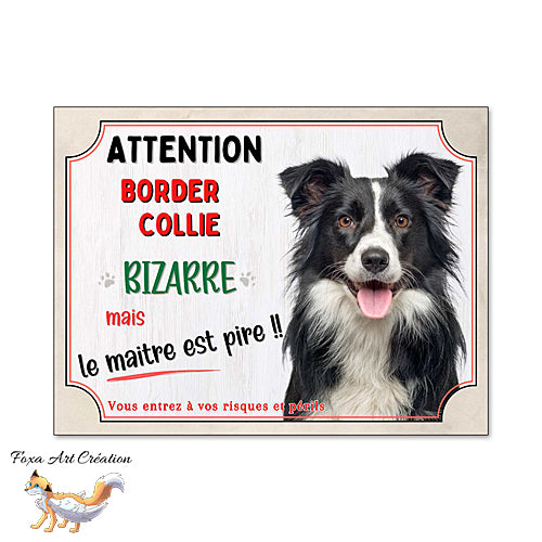 Plaque humour chien Attention Border Collie (noir et blanc) bizarre panneau