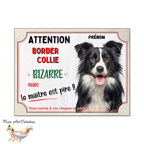 Plaque humour chien Attention Border Collie (noir et blanc) bizarre panneau