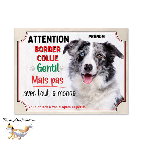 Plaque chien Attention Border Collie (bleu merle) gentil mais pas avec tout le monde panneau