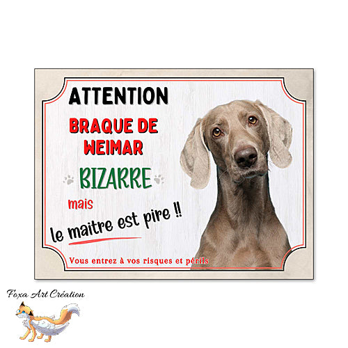 Plaque de portail humour Braque de Weimar bizarre le maitre est pire panneau attention au chien