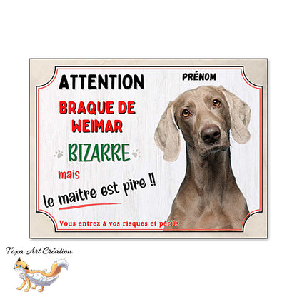 Plaque de portail humour Braque de Weimar bizarre le maitre est pire panneau attention au chien