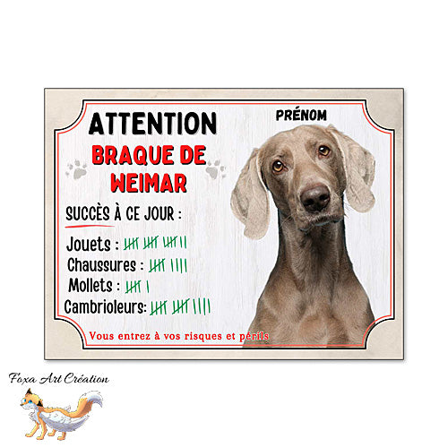 Plaque humour  Attention Chien Braque de Weimar compte ses trophées à ce jour