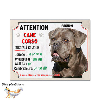 Plaque humour  Attention Chien Cane Corso compte ses trophées à ce jour