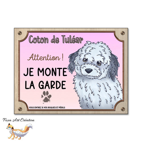Plaque Attention au chien race Coton de Tuléar monte la garde, Illustration