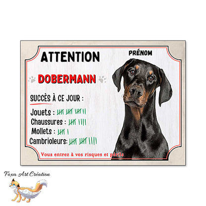 Plaque humour  Attention Chien Dobermann compte ses trophées à ce jour