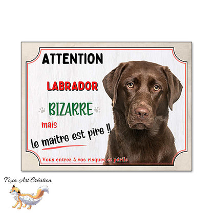 Plaque humour chien Attention Labrador chocolat bizarre panneau