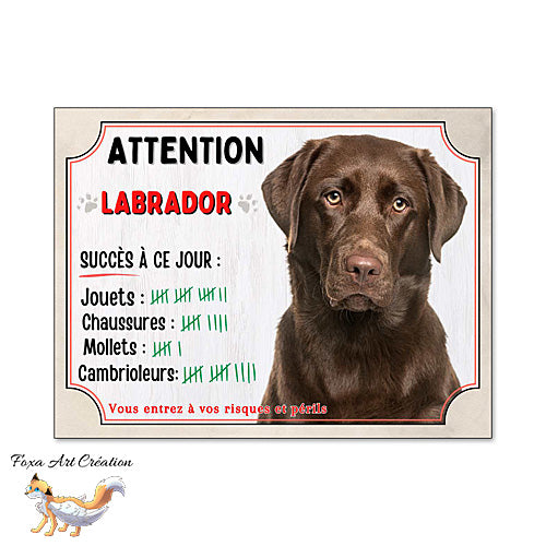 Plaque humour  Attention Chien Labrador chocolat compte ses trophées à ce jour
