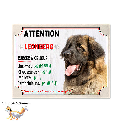 Plaque humour Attention Chien Leonberg compte ses trophées à ce jour