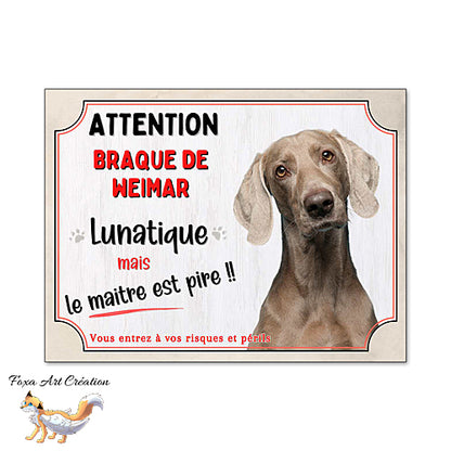 Plaque de portail humour Attention au Chien Braque de Weimar lunatique et maitre encore pire