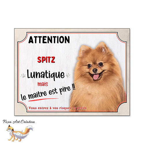 Plaque humour Attention au Chien Spitz lunatique et maitre encore pire