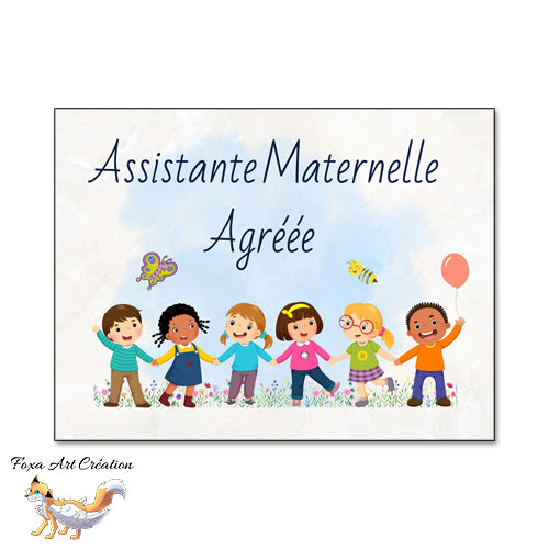 Plaque Assistante Maternelle Agréée Enfants qui jouent, Panneau Nounou Personnalisable