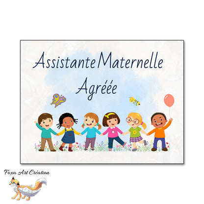 Plaque Assistante Maternelle Agréée Enfants qui jouent, Panneau Nounou Personnalisable
