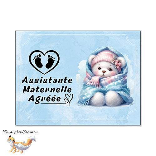 Plaque Assistante Maternelle Agréée ourson, Panneau Nounou Personnalisable