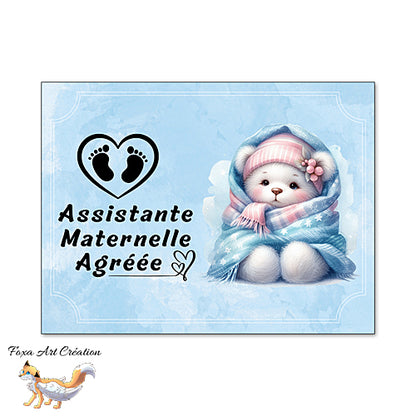 Plaque Assistante Maternelle Agréée ourson, Panneau Nounou Personnalisable