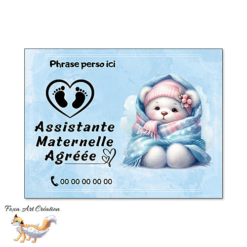 Plaque Assistante Maternelle Agréée ourson, Panneau Nounou Personnalisable