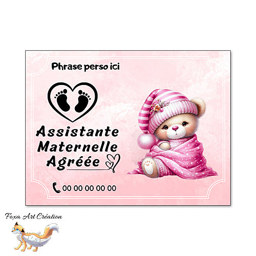 Plaque Assistante Maternelle Agréée Petit Ourson Fond Rose, Panneau Nounou Personnalisable
