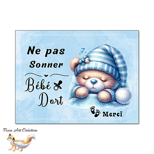 Plaque Chut Bébé Dort, Ne pas sonner, Petit Ourson Bleu Endormi, Panneau pour nourrice, maman ou papa