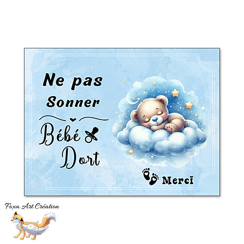 Plaque Chut Bébé Dort, Ne pas sonner, Petit Ourson Bleu et Nuages, Panneau pour nourrice, maman ou papa