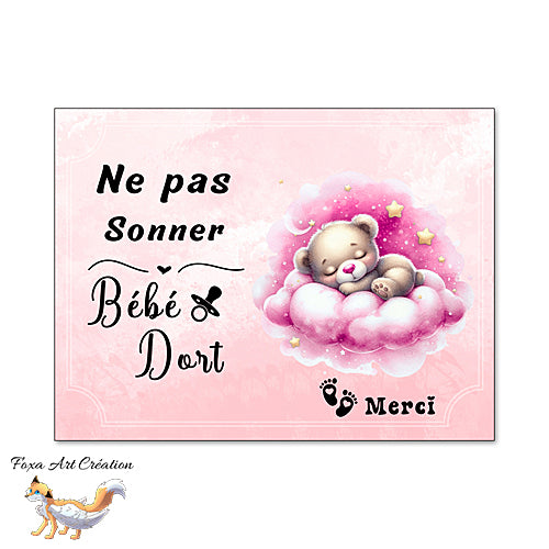 Plaque Chut Bébé Dort, Ne pas sonner, Petit Ourson Bleu et Nuages, Panneau pour nourrice, maman ou papa