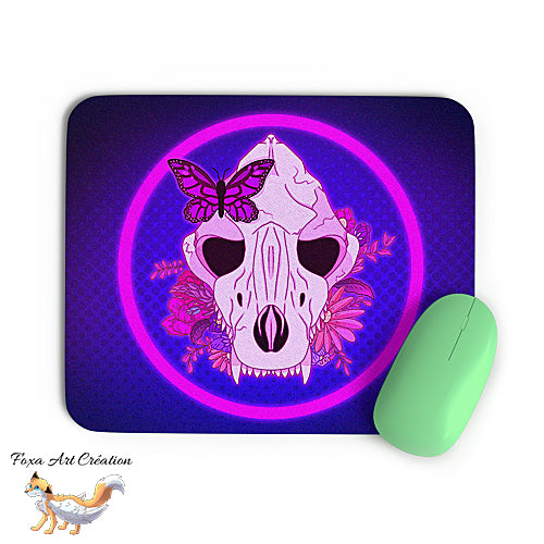 Tapis de souris Crâne de Canidé Floral, Néon, Papillon, illustration, décoration de bureau