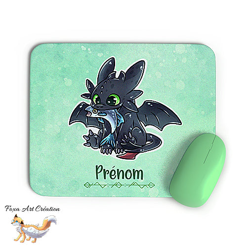 Tapis de souris Krokmou dragon noir, Furie Nocturne, Modèle Vert, personnalisable avec prénom, décoration de bureau