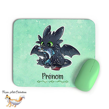 Tapis de souris Krokmou dragon noir, Furie Nocturne, Modèle Vert, personnalisable avec prénom, décoration de bureau
