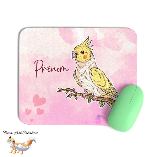 Tapis de Souris Personnalisé Calopsitte Élégante Jaune, Oiseau Illustration Bureau, fond rose