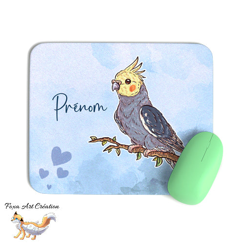 Tapis de Souris Personnalisé Calopsitte Élégante Gris et Jaune, Oiseau Illustration Bureau, fond bleu