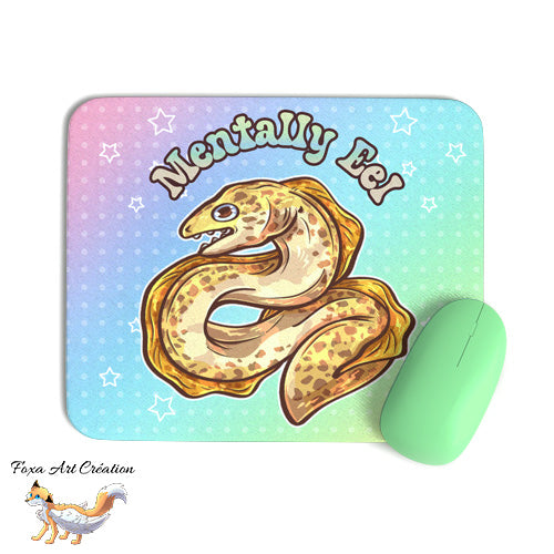 Tapis de souris doux format rectangle, Motif Murène, Anguille, "Mentally Eel", Animal Marin Mignon, humour jeu de mot, Illustration, décoration de bureau