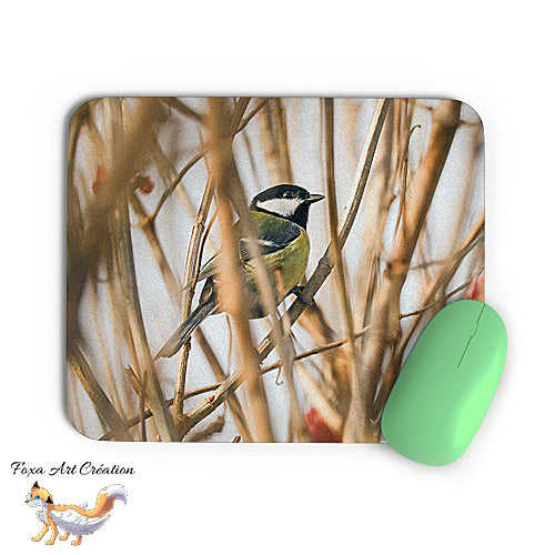 Tapis de souris Mésange Charbonnière, Parus major, Oiseaux des Jardins, Photographie nature, Modèle 2, décoration de bureau
