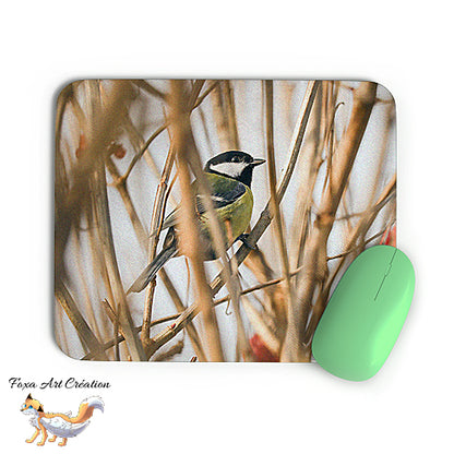 Tapis de souris Mésange Charbonnière, Parus major, Oiseaux des Jardins, Photographie nature, Modèle 2, décoration de bureau