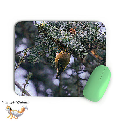 Tapis de souris Roitelet Huppé, Regulus regulus, Oiseaux des Jardins, Photographie nature, Modèle 1, décoration de bureau