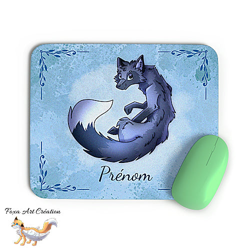 Tapis de souris Renard Argenté personnalisable avec prénom, décoration de bureau, fond bleu