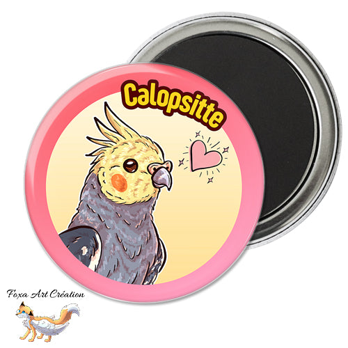 Badge, Magnet pins Calopsitte Jaune et Gris, Perruche, Oiseau Exotique, Petit Perroquet, Illustration