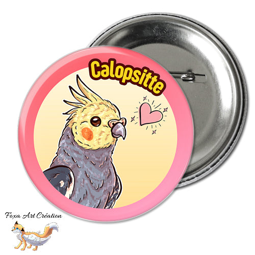 Badge, Magnet pins Calopsitte Jaune et Gris, Perruche, Oiseau Exotique, Petit Perroquet, Illustration